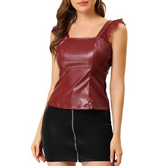 Women's Party Lace Trim Tank Top Faux Leather PU Sleeveless Top