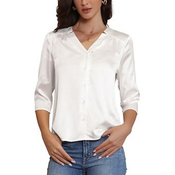 Satin Blouse for Women's Split V Neck 3/4 Sleeve Button Down Shirt