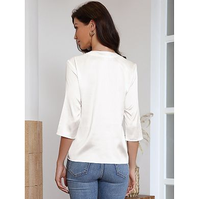 Satin Blouse for Women's Split V Neck 3/4 Sleeve Button Down Shirt