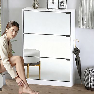 Narrow Entryway Shoe Cabinet with Mirror and 18-24 Pair Capacity