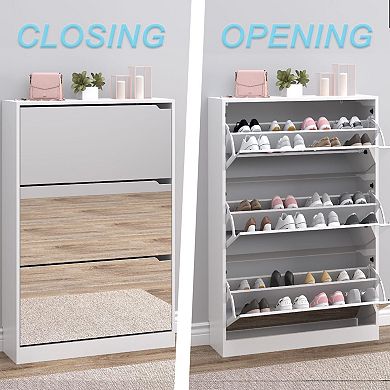 Narrow Entryway Shoe Cabinet with Mirror and 18-24 Pair Capacity