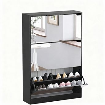 Narrow Entryway Shoe Cabinet with Mirror and 18-24 Pair Capacity
