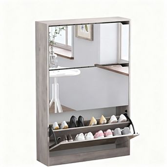 Narrow Entryway Shoe Cabinet with Mirror and 18-24 Pair Capacity
