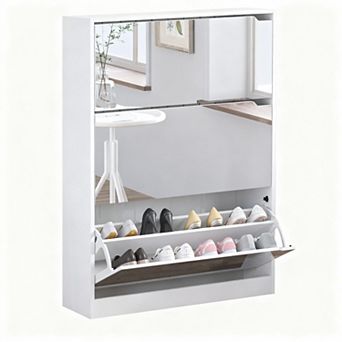 Narrow Entryway Shoe Cabinet with Mirror and 18-24 Pair Capacity