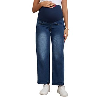 Women's Maternity Denim Wide Leg Over the Belly Support Loose Straight Pregnancy Pants with Pockets