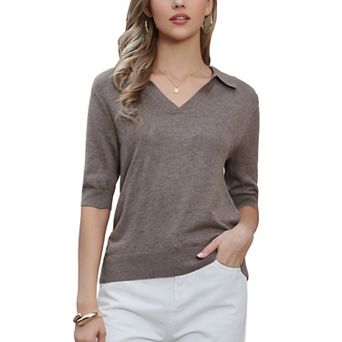 Short Sleeve Polo Shirts for Women's V Neck Knitted Summer Fall Business Casual Tops