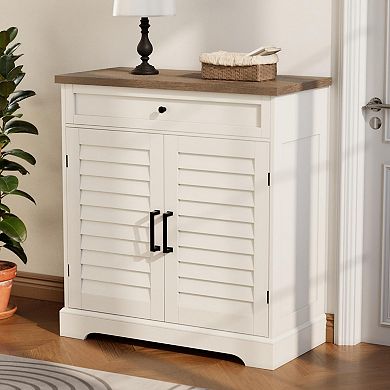 Farmhouse 4-Shelf Shoe Cabinet with Louvre Doors and Drawer