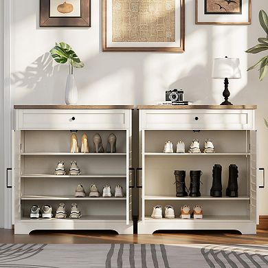 Farmhouse 4-Shelf Shoe Cabinet with Louvre Doors and Drawer