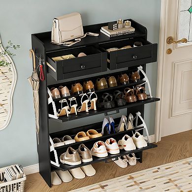 Farmhouse Entryway Shoe Cabinet with Flip Drawers and Hooks