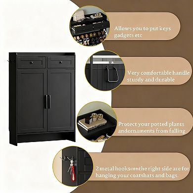 Farmhouse Entryway Shoe Cabinet with Flip Drawers and Hooks