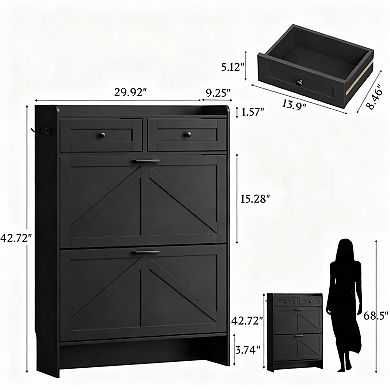 Farmhouse Entryway Shoe Cabinet with Flip Drawers and Hooks