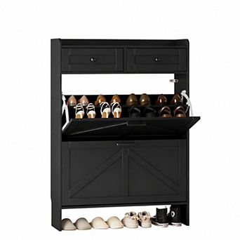 Farmhouse Entryway Shoe Cabinet with Flip Drawers and Hooks