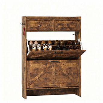 Farmhouse Entryway Shoe Cabinet with Flip Drawers and Hooks