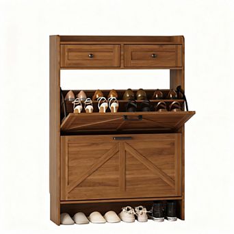 Farmhouse Entryway Shoe Cabinet with Flip Drawers and Hooks