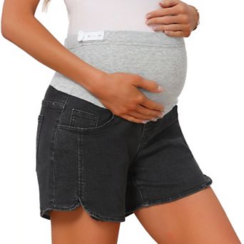 Women's Maternity Denim Over Belly Adjustable High Waist Summer with Pockets Jeans Pregnancy Shorts