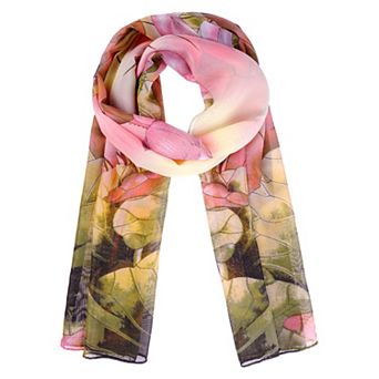 Women's Floral Chiffon Scarf, Lotus Soft Sheer Long Head Wrap Shawl Scarves for All Season