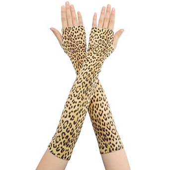 Women's Leopard Arm Warmers Ribbed Cuff Fingerless Arm Sleeves with Thumb Hole Long Gloves