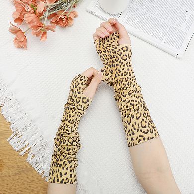Women's Leopard Arm Warmers Ribbed Cuff Fingerless Arm Sleeves with Thumb Hole Long Gloves