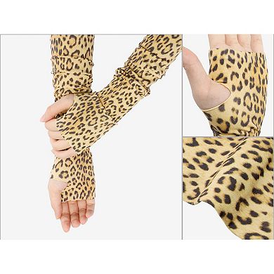 Women's Leopard Arm Warmers Ribbed Cuff Fingerless Arm Sleeves with Thumb Hole Long Gloves