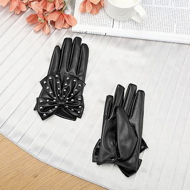 Women's Faux Leather Gloves Punk Gothic Wrist Length Glove with Studded Bow