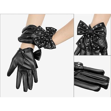 Women's Faux Leather Gloves Punk Gothic Wrist Length Glove with Studded Bow