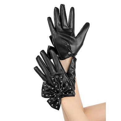 Women's Faux Leather Gloves Punk Gothic Wrist Length Glove with Studded Bow