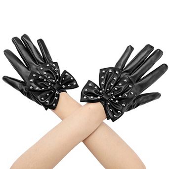 Women's Faux Leather Gloves Punk Gothic Wrist Length Glove with Studded Bow