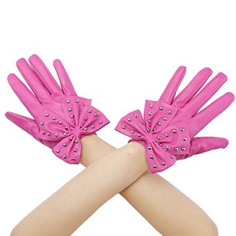 Women's Faux Leather Gloves Punk Gothic Wrist Length Glove with Studded Bow