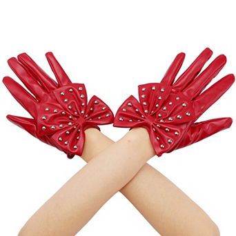 Women's Faux Leather Gloves Punk Gothic Wrist Length Glove with Studded Bow