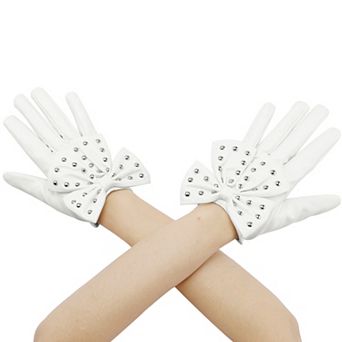 Women's Faux Leather Gloves Punk Gothic Wrist Length Glove with Studded Bow
