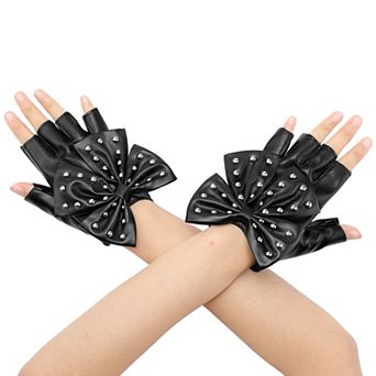 Women's Faux Leather Gloves Punk Gothic Wrist Length Glove with Studded Bow