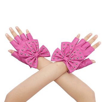 Women's Faux Leather Gloves Punk Gothic Wrist Length Glove with Studded Bow