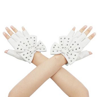 Women's Faux Leather Gloves Punk Gothic Wrist Length Glove with Studded Bow