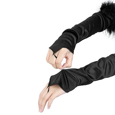 Women's Satin Hooked Finger Gloves Feather Cuffs Fingerless Cosplay Sleeves for Party