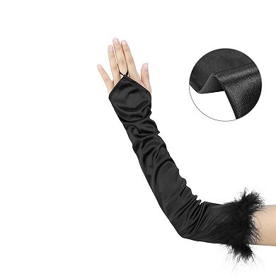 Women's Satin Hooked Finger Gloves Feather Cuffs Fingerless Cosplay Sleeves for Party