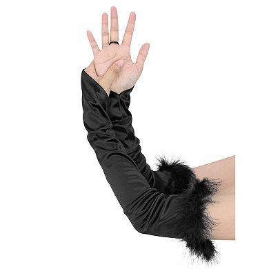 Women's Satin Hooked Finger Gloves Feather Cuffs Fingerless Cosplay Sleeves for Party