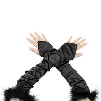 Women's Satin Hooked Finger Gloves Feather Cuffs Fingerless Cosplay Sleeves for Party