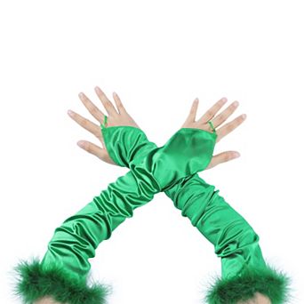 Women's Satin Hooked Finger Gloves Feather Cuffs Fingerless Cosplay Sleeves for Party