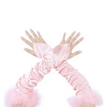 Women's Satin Hooked Finger Gloves Feather Cuffs Fingerless Cosplay Sleeves for Party