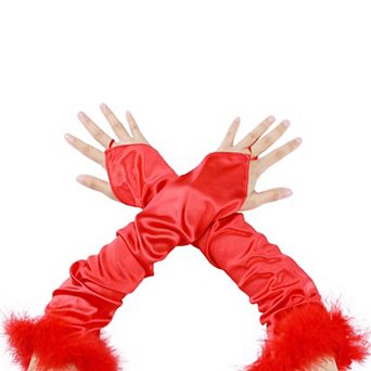 Women's Satin Hooked Finger Gloves Feather Cuffs Fingerless Cosplay Sleeves for Party