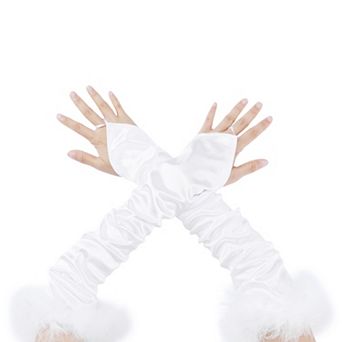 Women's Satin Hooked Finger Gloves Feather Cuffs Fingerless Cosplay Sleeves for Party