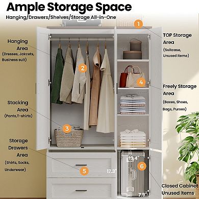 Freestanding Wardrobe Armoire with Hanging, Shelves, Drawers & Closed Cabinet