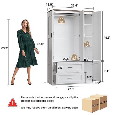 Freestanding Wardrobe Armoire with Hanging, Shelves, Drawers & Closed Cabinet