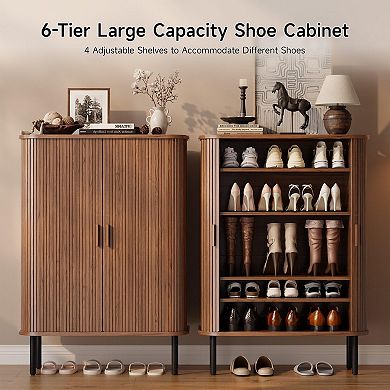 Mid-Century Modern 6-Tier Shoe Cabinet with Sliding Doors for Entryway