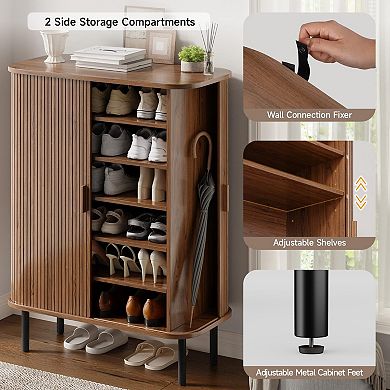 Mid-Century Modern 6-Tier Shoe Cabinet with Sliding Doors for Entryway