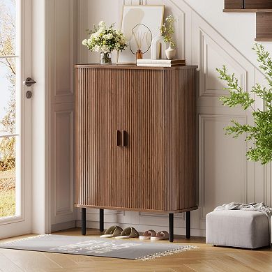 Mid-Century Modern 6-Tier Shoe Cabinet with Sliding Doors for Entryway