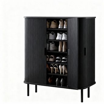 Mid-Century Modern 6 tier Shoe Cabinet with Sliding Doors for Entryway