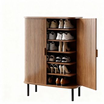 Mid-Century Modern 6 tier Shoe Cabinet with Sliding Doors for Entryway