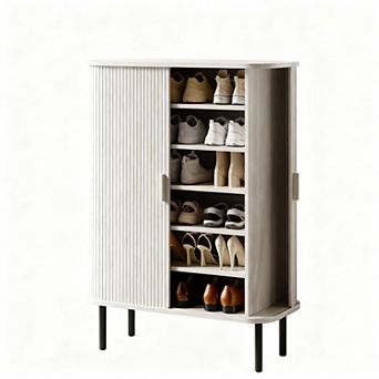 Mid-Century Modern 6 tier Shoe Cabinet with Sliding Doors for Entryway