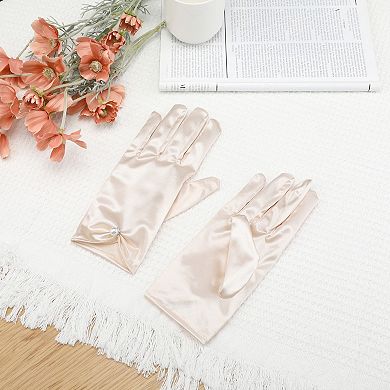 Women's Glove Satin Bead Decor Full Finger Short Gloves for Elegant Wedding